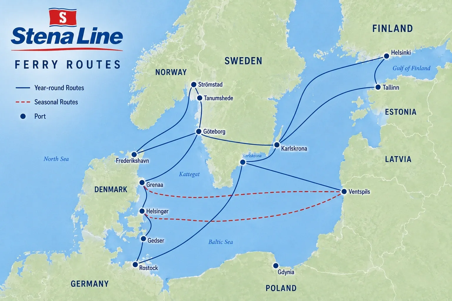 Ενδεικτικός χάρτης δρομολογίων της Stena Line