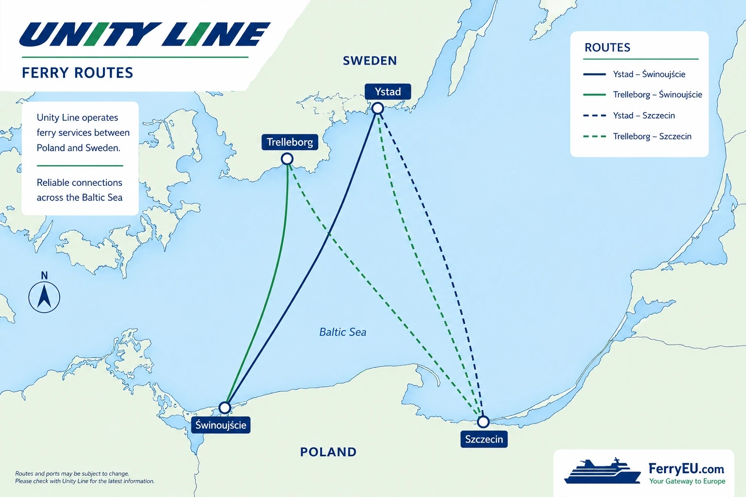 Ενδεικτικός χάρτης δρομολογίων της Unity Line