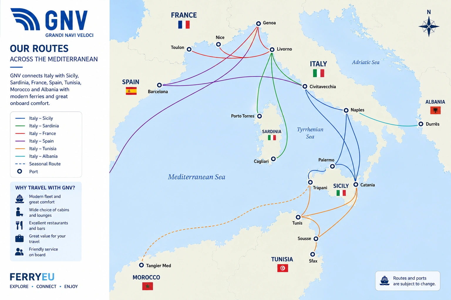 Ενδεικτικός χάρτης δρομολογίων της Grandi Navi Veloci (GNV)