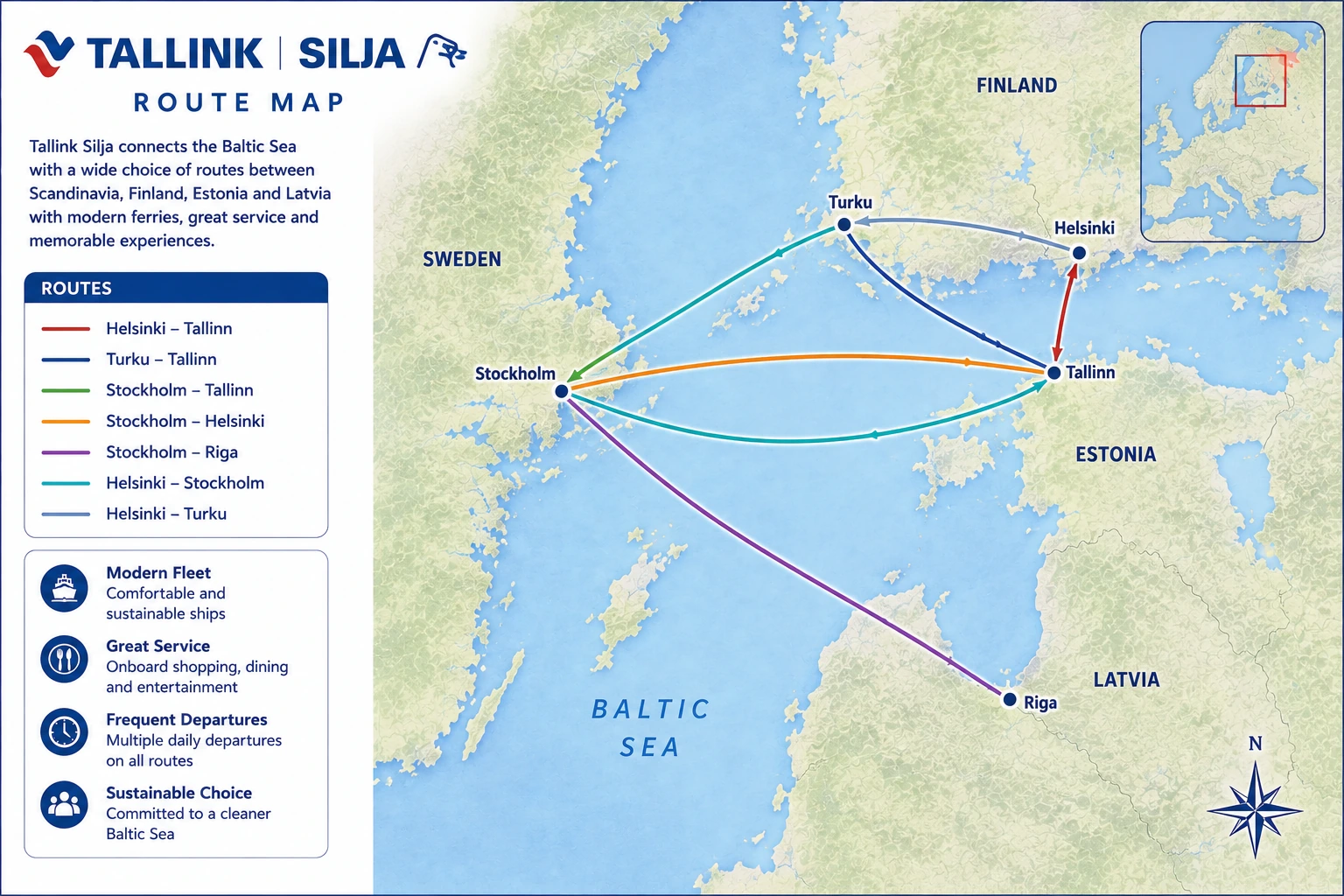 Ενδεικτικός χάρτης δρομολογίων της Tallink Silja Line
